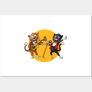 Funny illustration of two cats singing and playing a guitar. Posters and Art